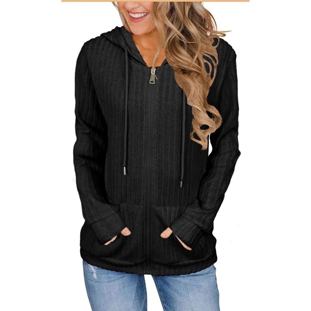 Classic Ribbed Hoodie Coat Casual Zip Up Long Sleeve Pocket All Season Black L
